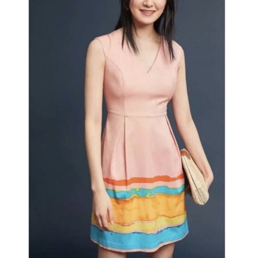 New ANTHROPOLOGIE TRACY REESE Painterly Dress Sleeveless Blush Pink Blue Sz 4